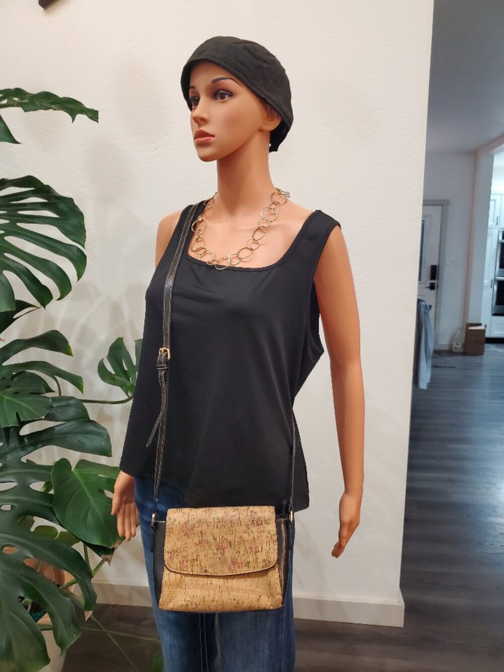 Classic Natural Cork Crossbody Bag / Purse Painted Floral Top Flap Eco Vegan